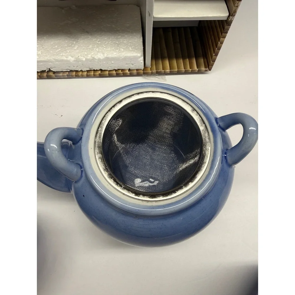 WCL Blue Ceramic Tea Set Cherry Blossom Teapot 4 Cups Large Bowl & Infuser Box